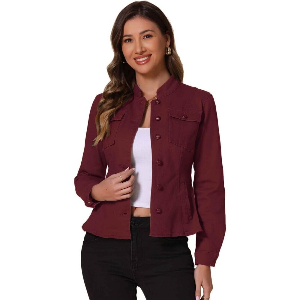 Women's Casual Denim Jacket Classic Stand Collar Long Sleeve Jean Jacket Red